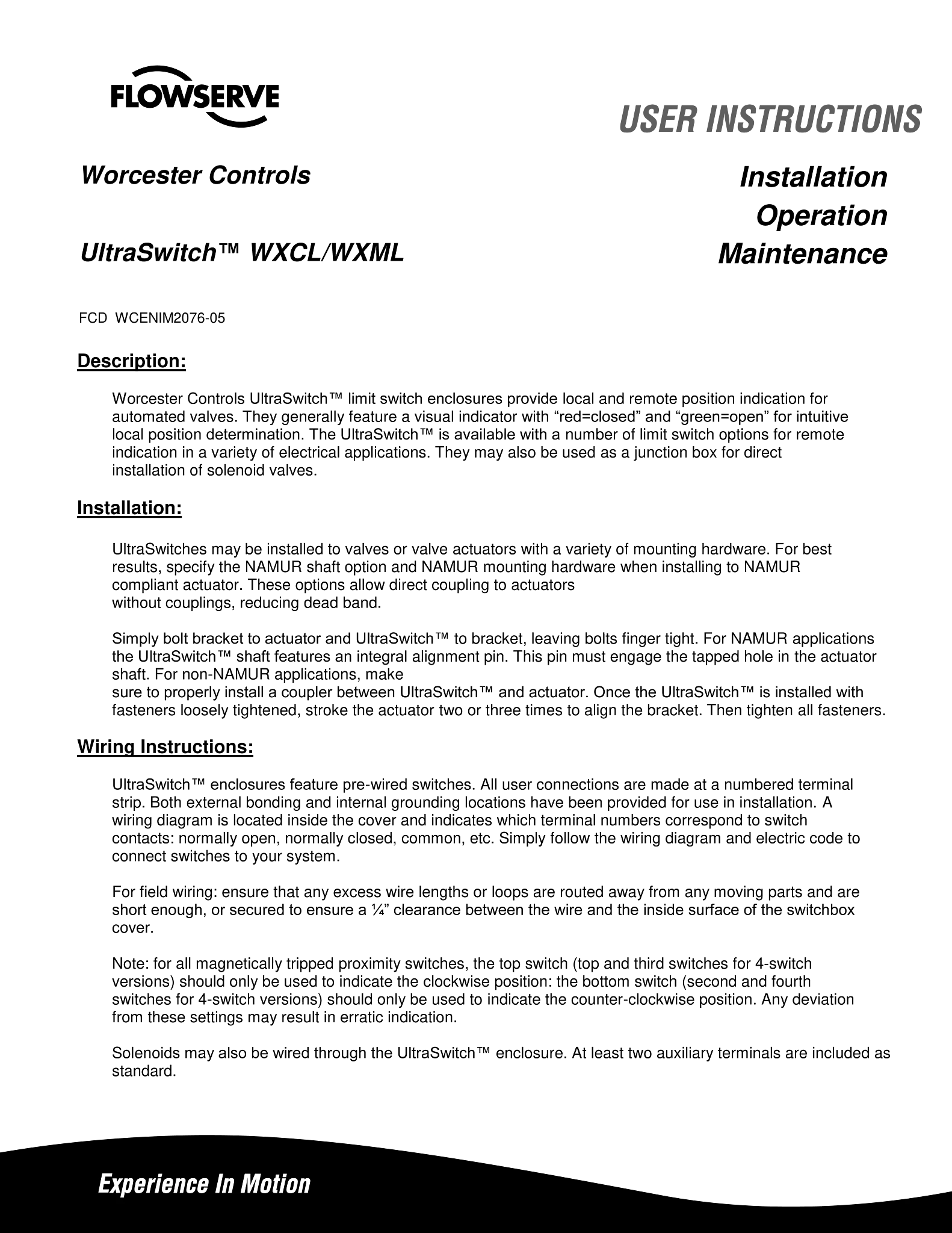 Worcester UltraSwitch™ WXCL/WXML使用说明