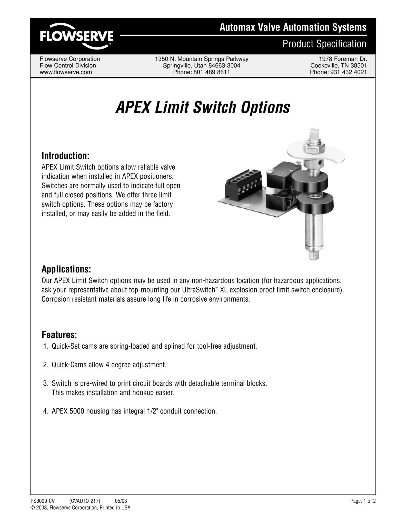 Automax APEX极限开关选项产品规格