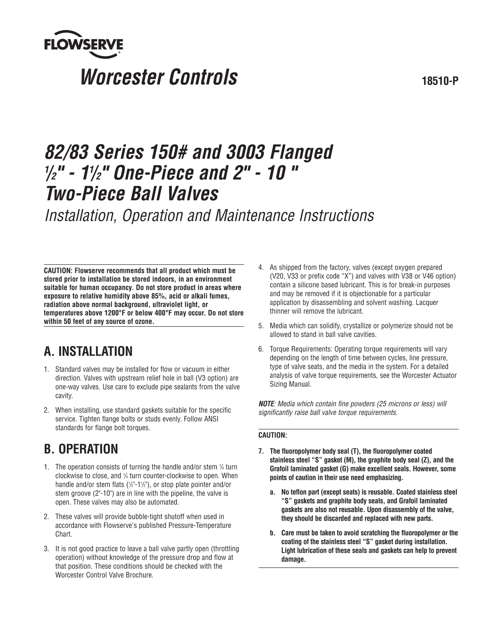 Worcester Controls 82/83系列法兰一件式和两件式球阀使用说明(IOM)(美洲)