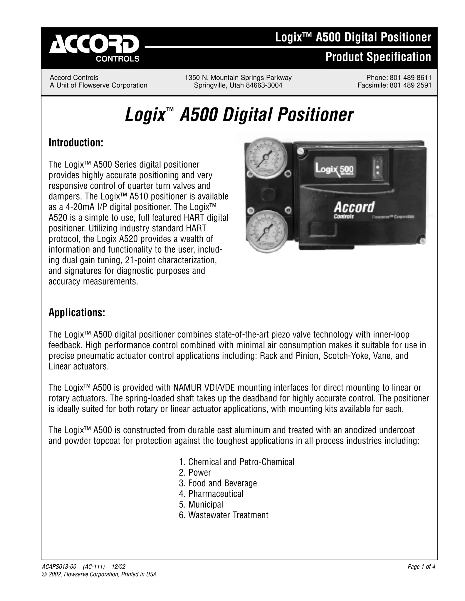 Accord Logix A500数字定位器产品规格表