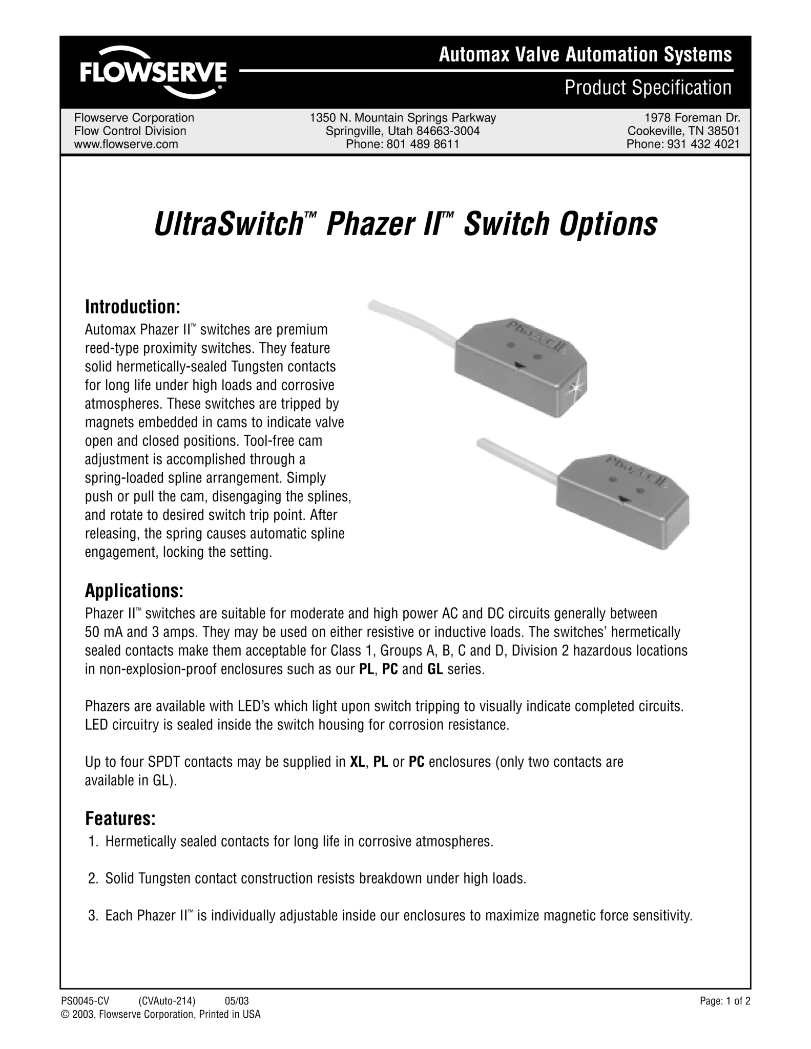 Automax UltraSwitch™ Phazer II™ 开关规格