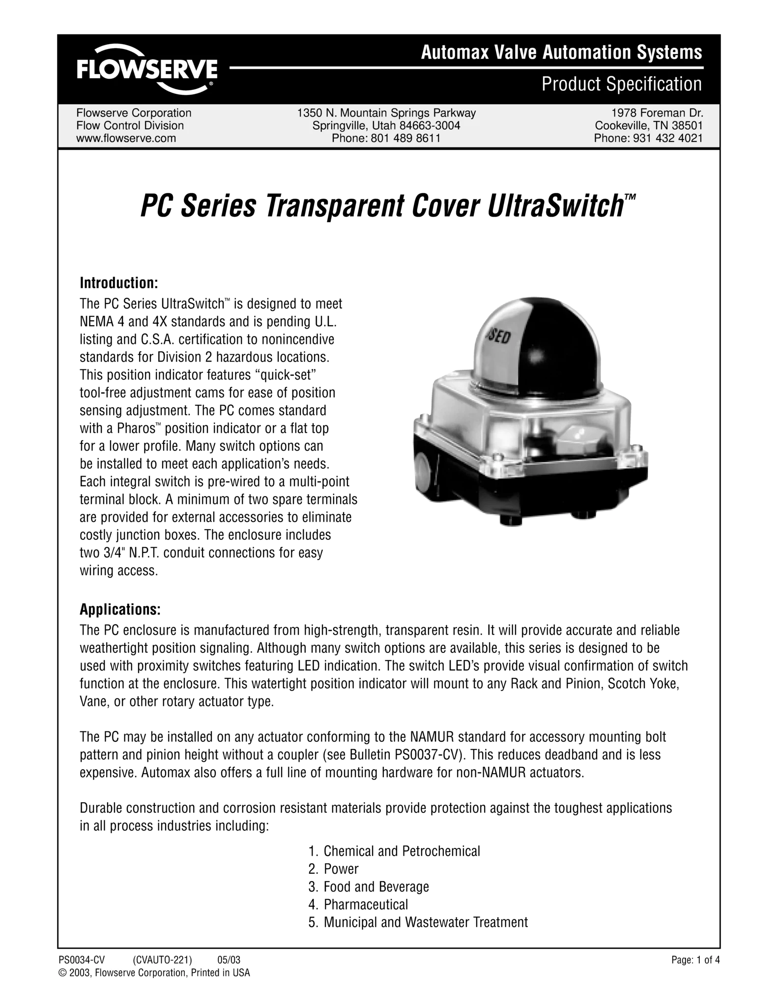 Automax PC 系列透明盖板 UltraSwitch™ 产品规格