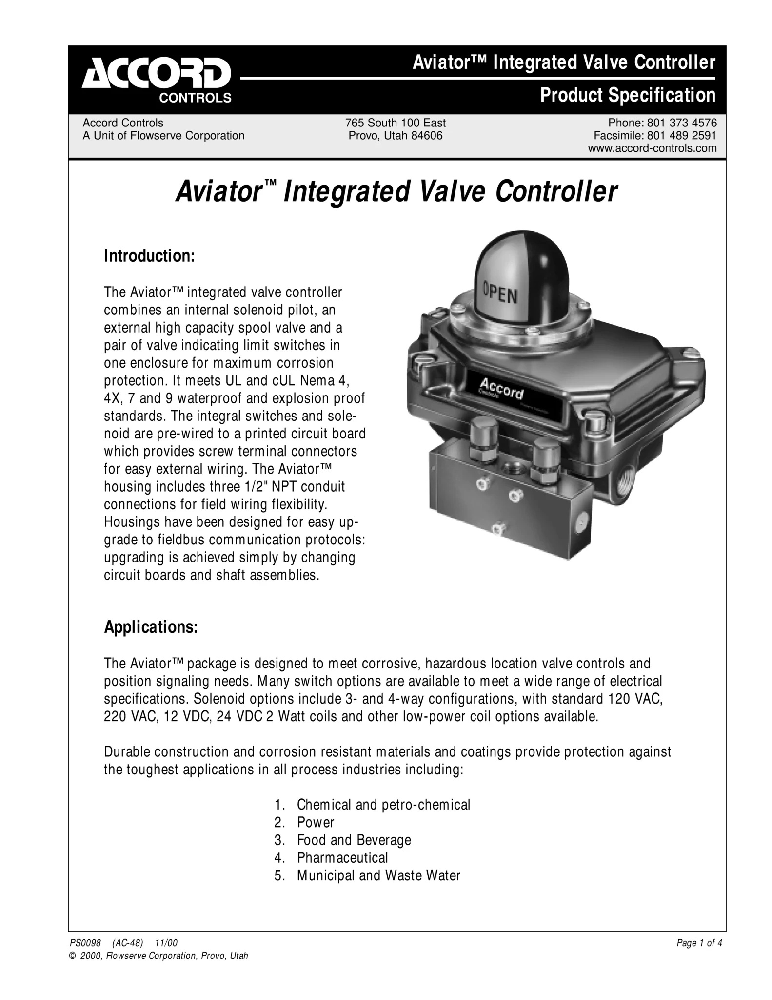Accord Aviator阀门控制器产品规格
