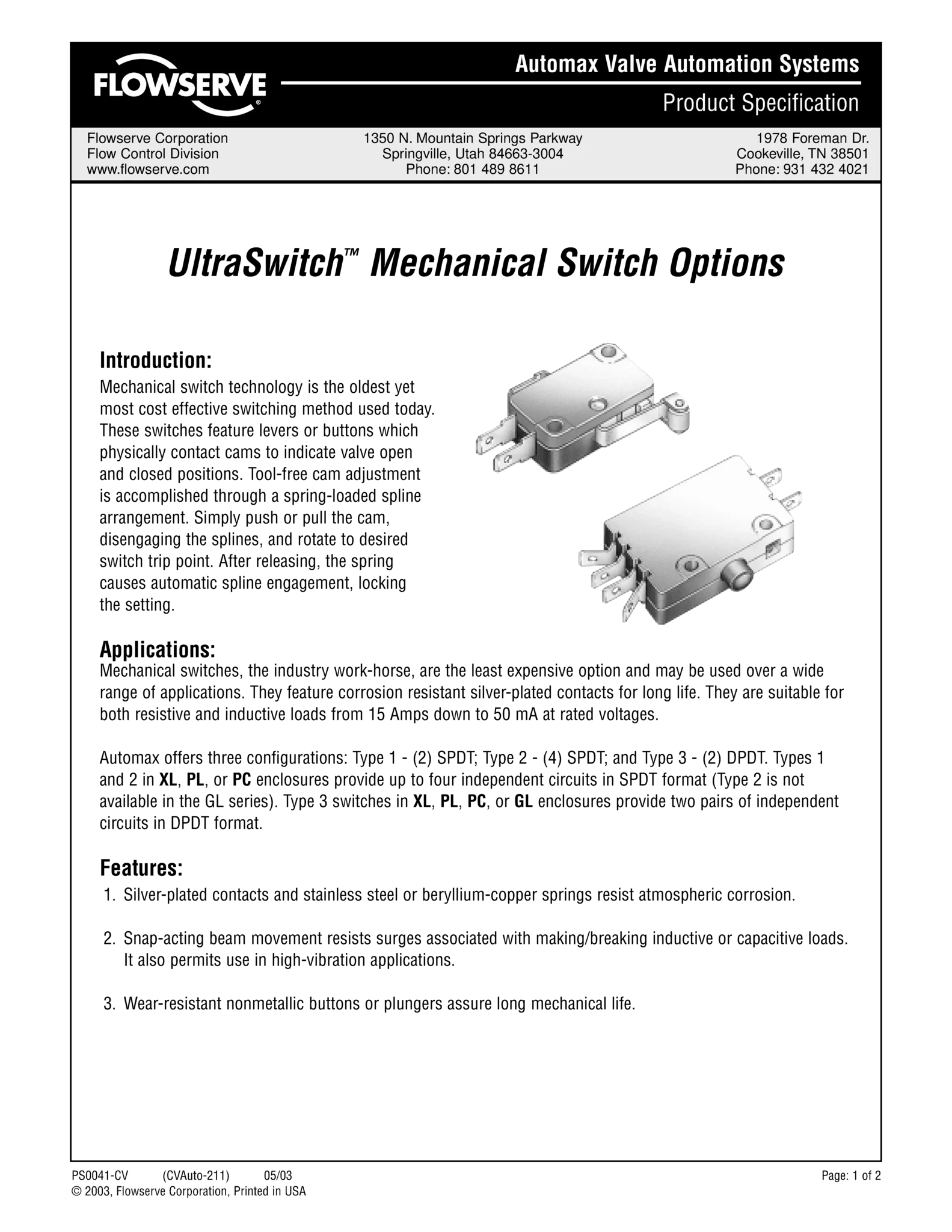 Automax UltraSwitch™ 机械开关规格