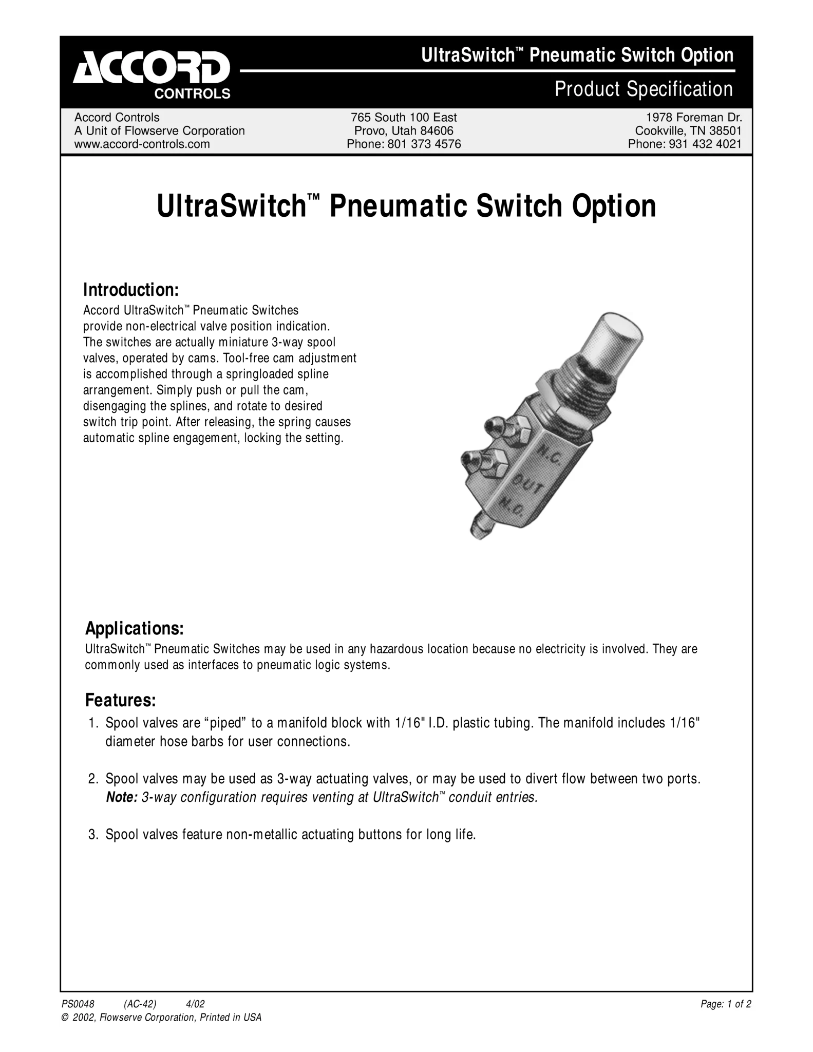 Accord UltraSwitch气动开关选项规格表