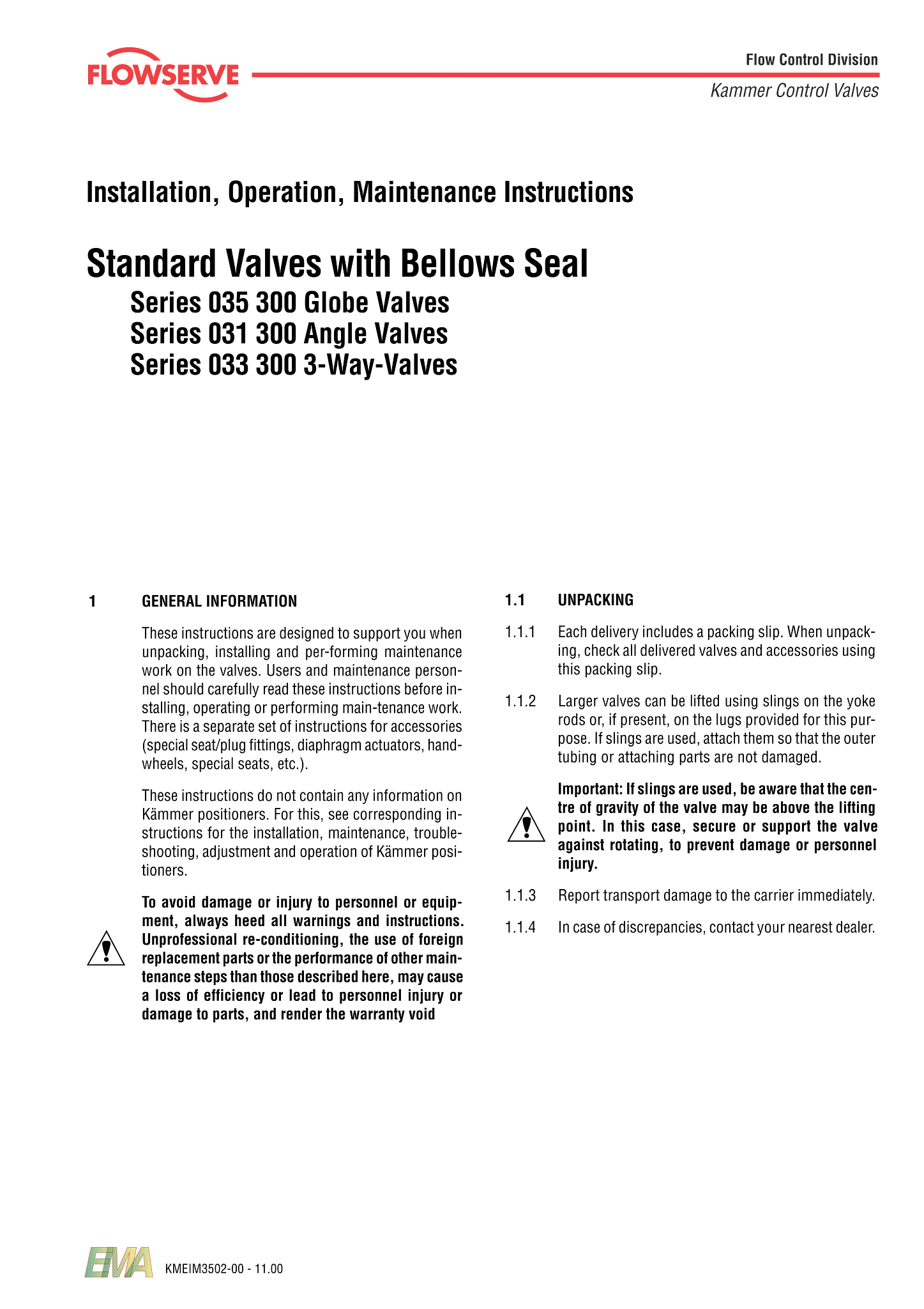 Kämmer TotalFlow系列一般工况控制阀(带波纹管密封)使用说明(IOM)