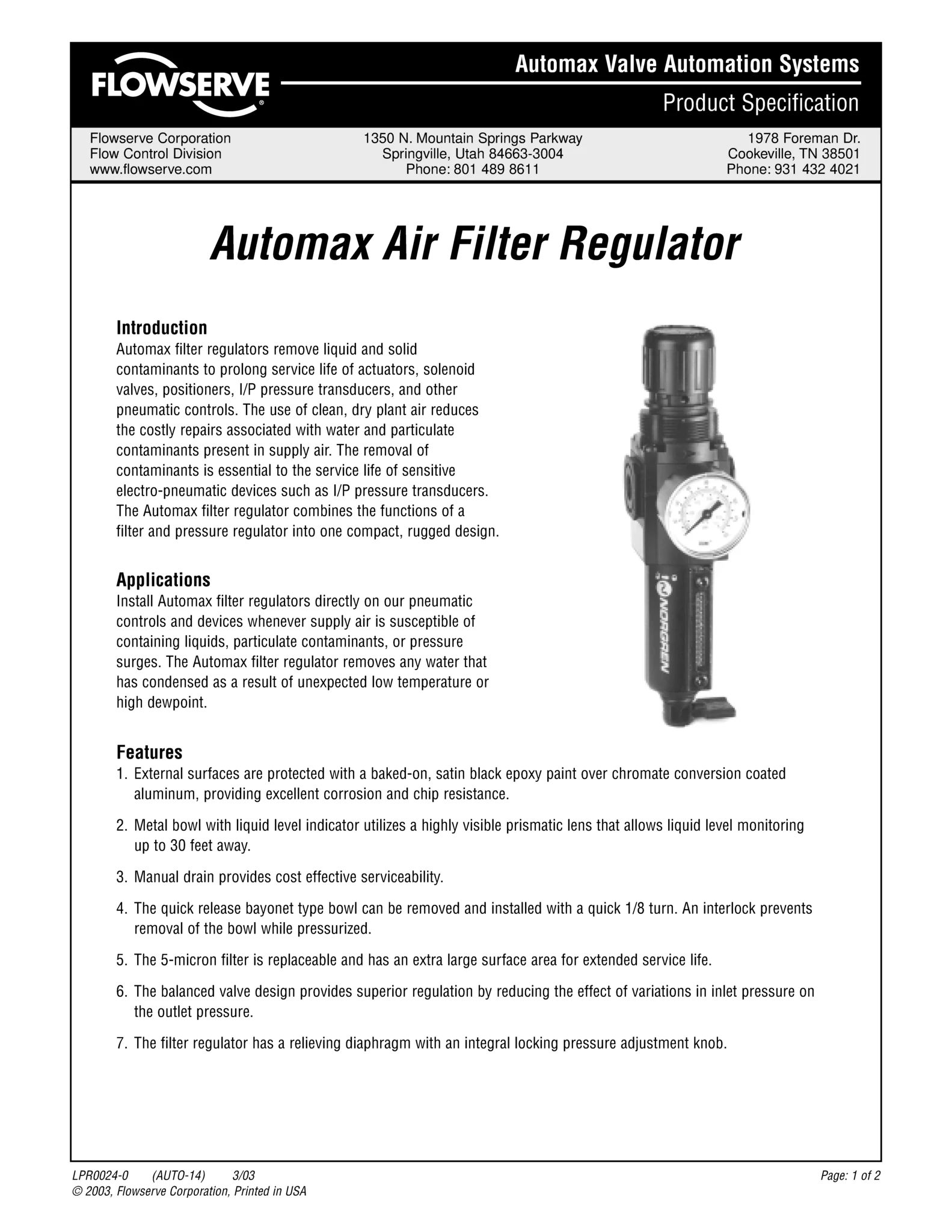 Automax空气过滤器调节器产品说明书