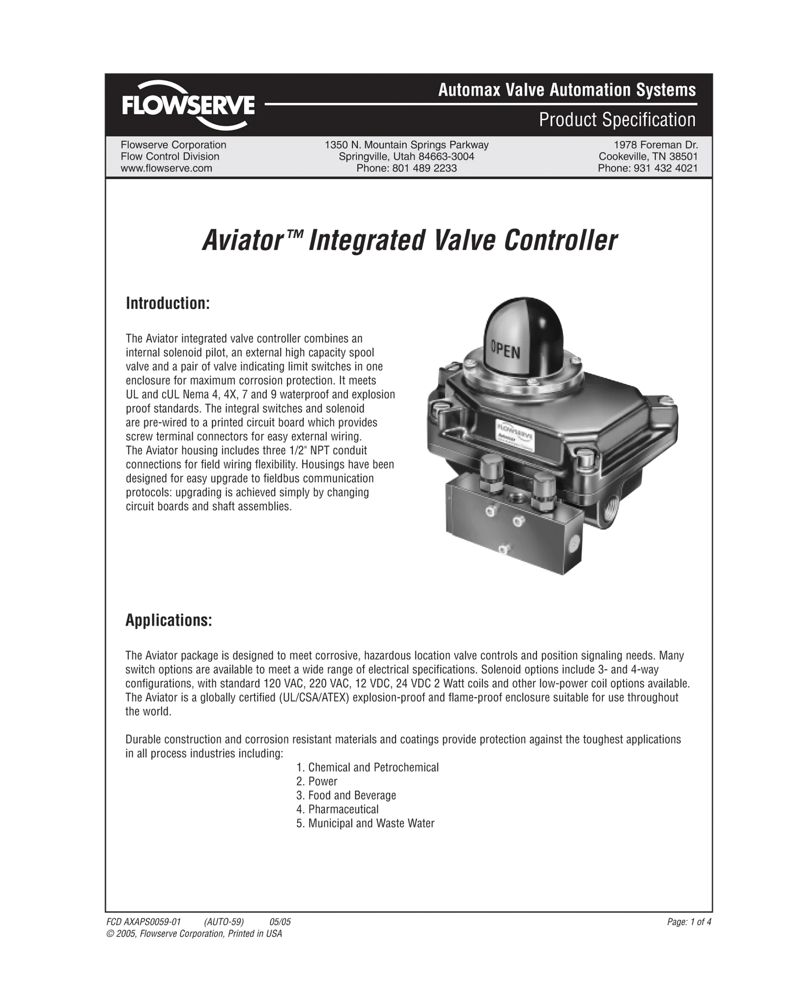 Automax Aviator™阀门控制器规格