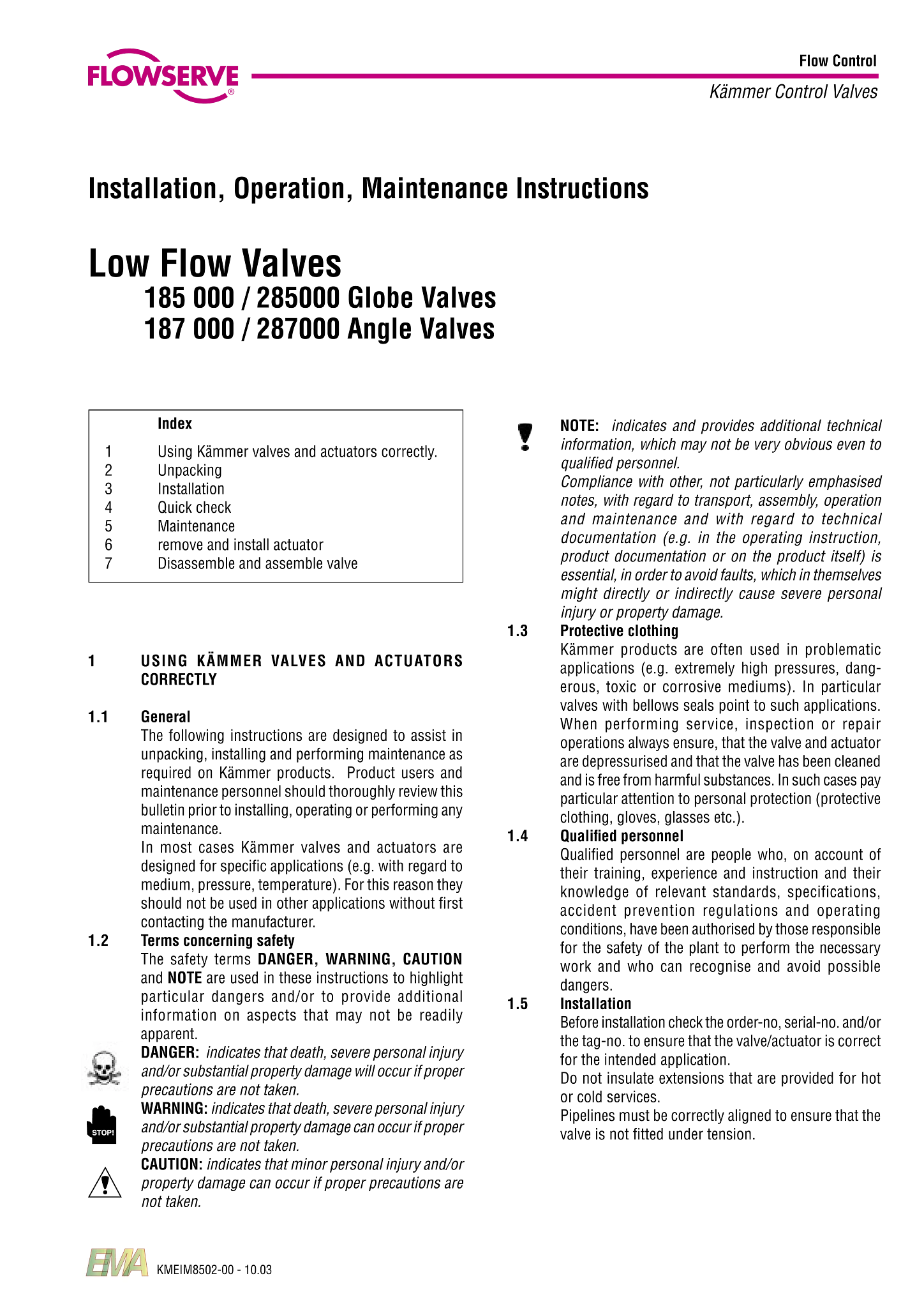 Kämmer实验室低流量截止和角阀门系列使用说明185000/285000(IOM)