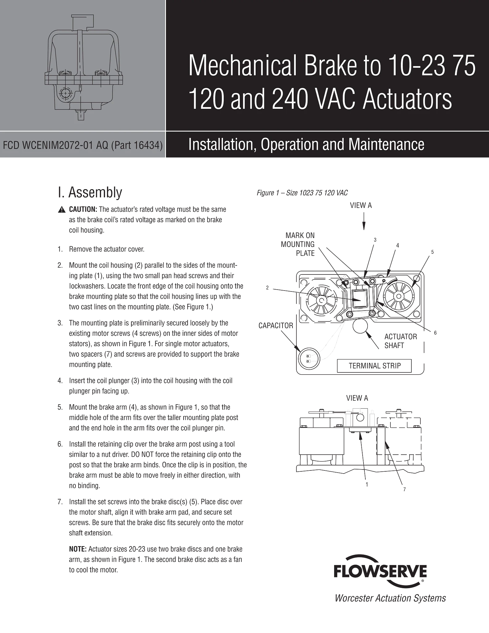 10-2375系列120和240VAC执行器Worcester Controls械制动器使用说明(IOM)