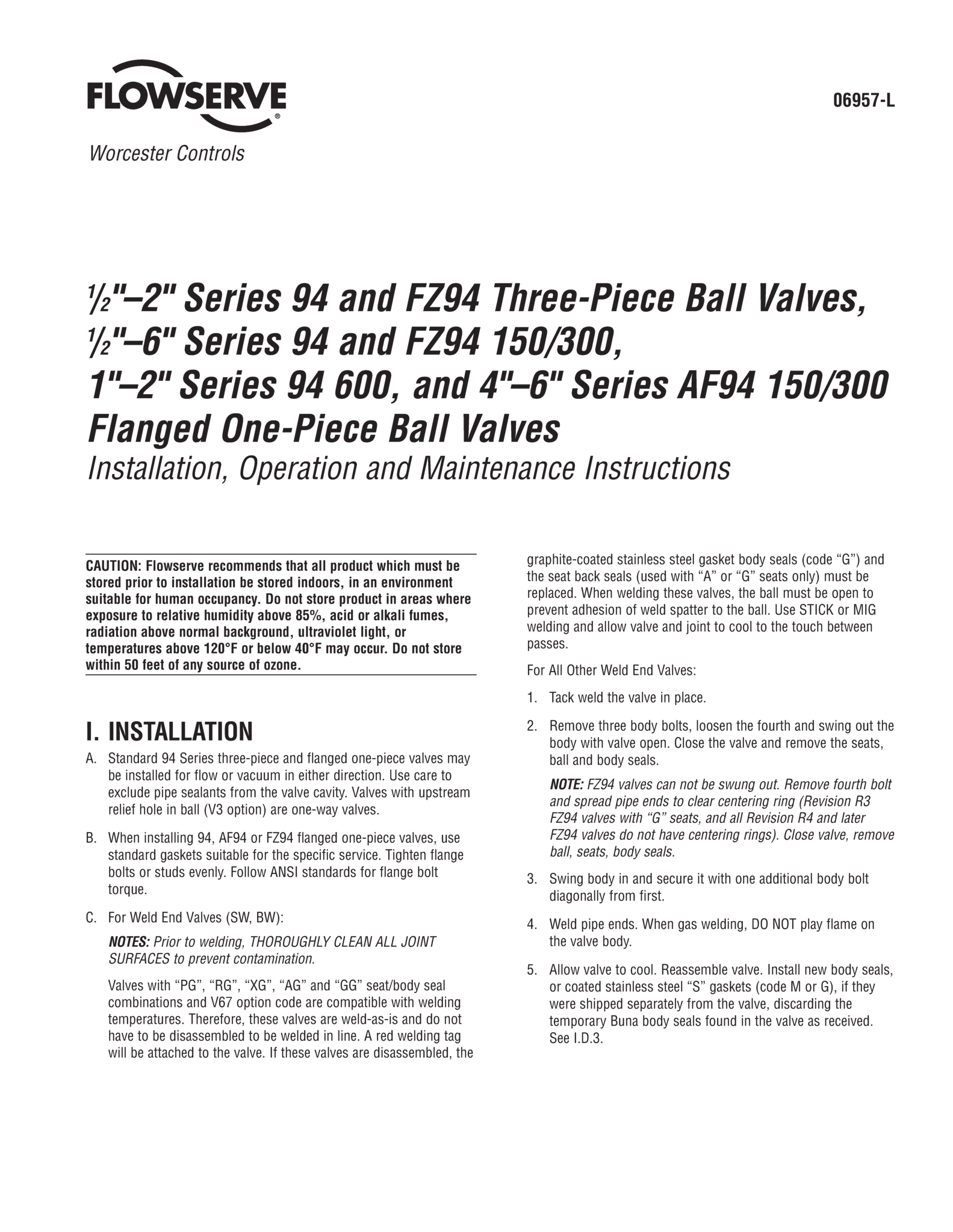 Worcester Controls 94系列和FZ94球阀使用说明(IOM)(美洲)