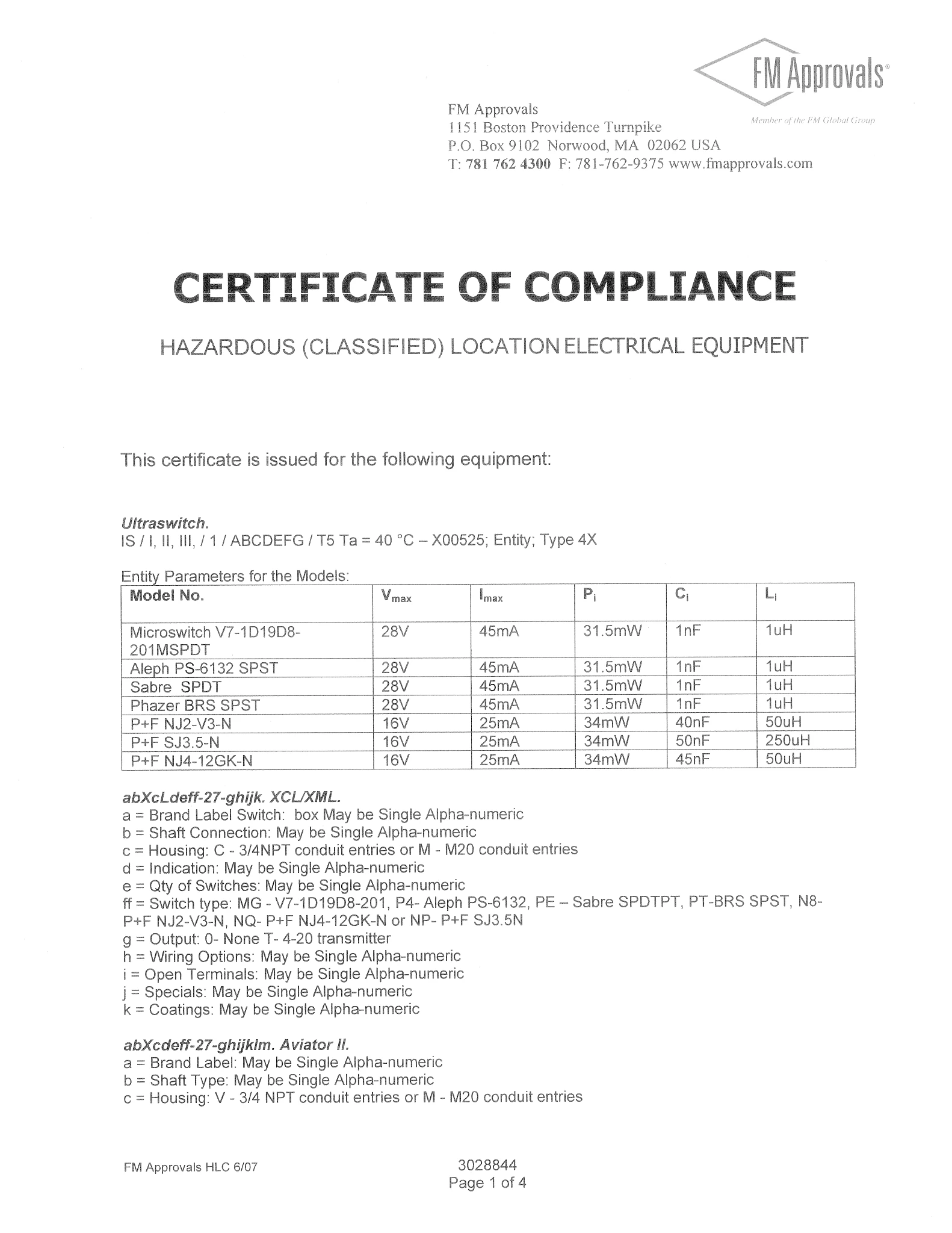 Automax UltraSwitch™ F.M. 本质安全证书（美国）