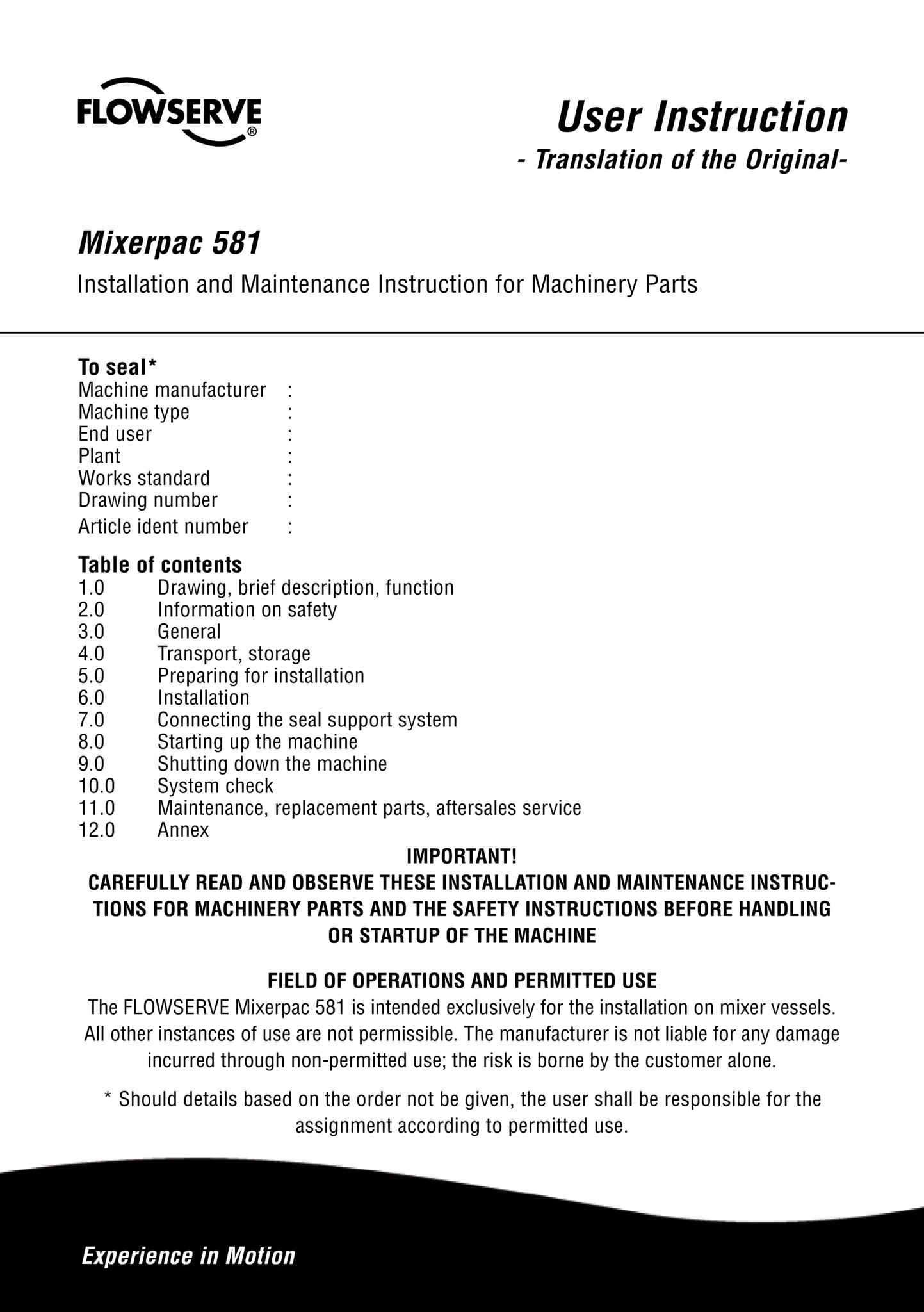 Mixerpac 581密封 — 使用说明