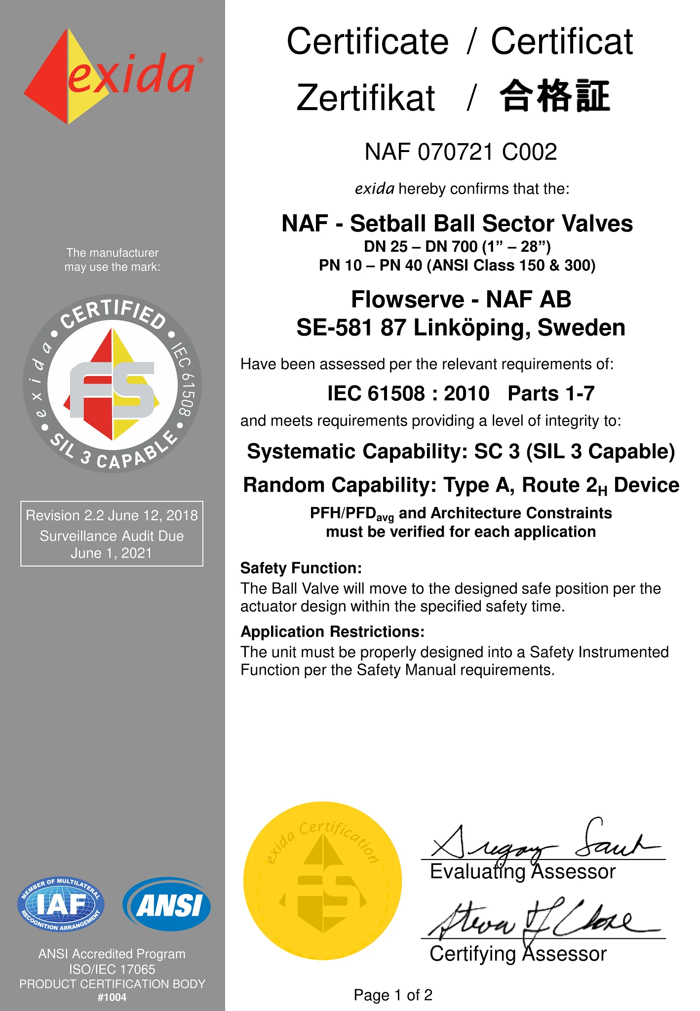 SIL NAF Setball认证