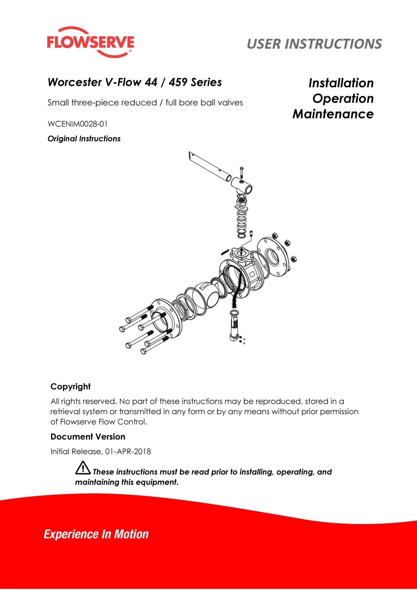Worcester Controls V44/459 系列三件式缩径/全通径球阀使用说明(IOM)(欧洲/亚洲)