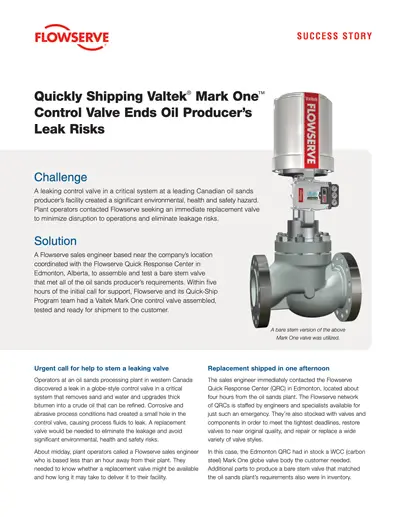 快速发货的Valtek® Mark One™控制阀，为石油生产商免除泄漏风险 - 成功案例