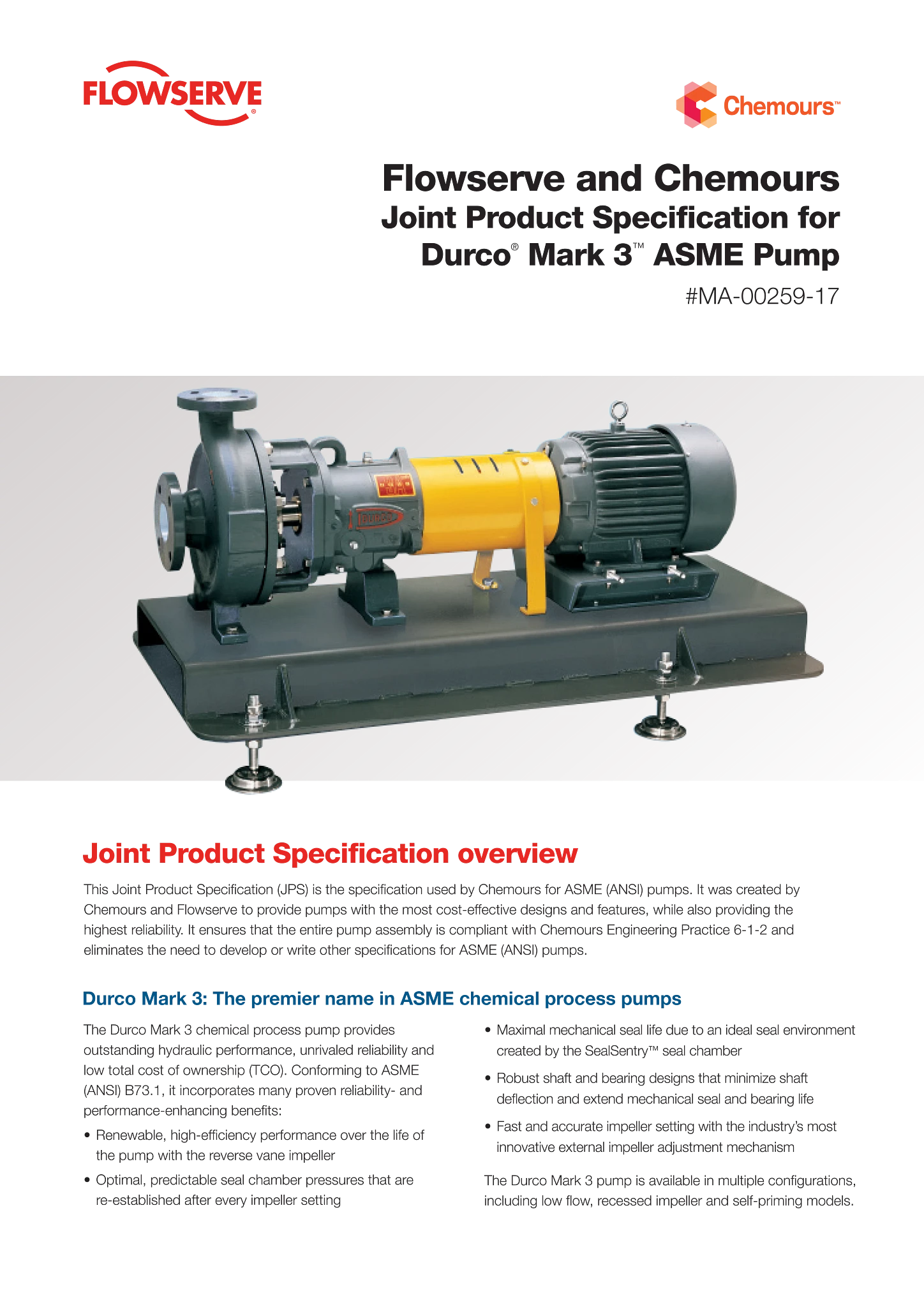Flowserve和Chemours的Durco® Mark 3™ ASME泵的联合产品规格